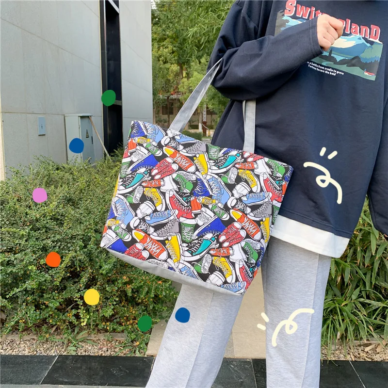 

Large Capacity Women's Canvas Bag 2021 New Graffiti Printing Shoulder Bag Zipper Messenger Bag Daily Shopping Handbag School Bag