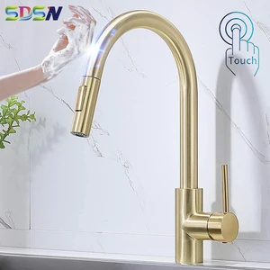 sdsn smart touch kitchen faucets with pull down sprayer hot cold pull out kitchen sink mixer tap brushed gold touch kitchen taps free global shipping