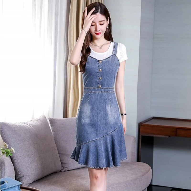 

Denim Dress Female Sleeveless Slim Fit Ruffle High Waist Dress Summer Office Casual Dresses Women Elegant A-Line Jeans Sundress