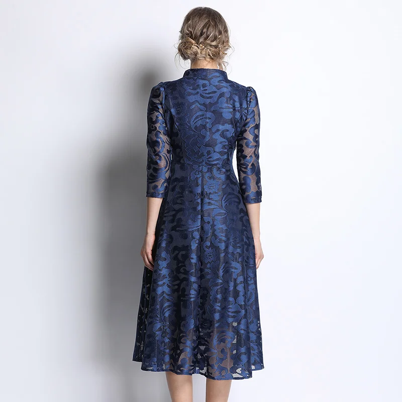 

New Elegant Vintage Fashion Women Lace Slim Tunic High Waist Evening Party Dress Lady Three Quarter Sleeve Dresses