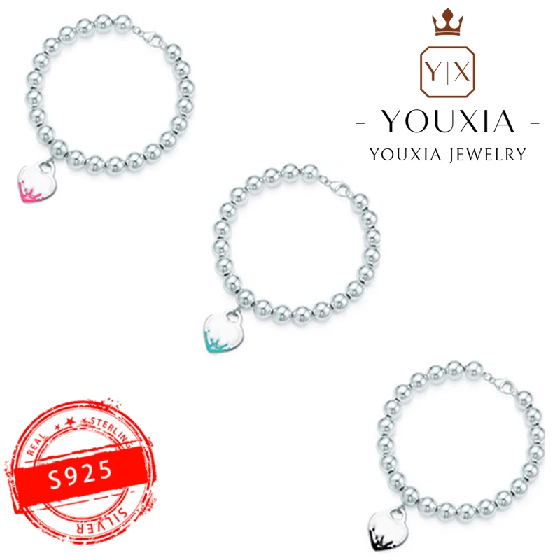 

925 Sterling Silver Custom Heart-shaped Elegant Splash Ink Round Bead Bracelet