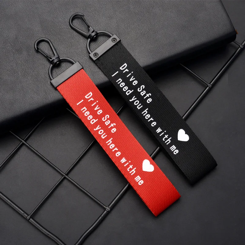 

Black Red Ribbon Key Chain Women Men Drive Safe I need you here with me Phone Case Wallet Keychain Couple Key Lanyard porte clef