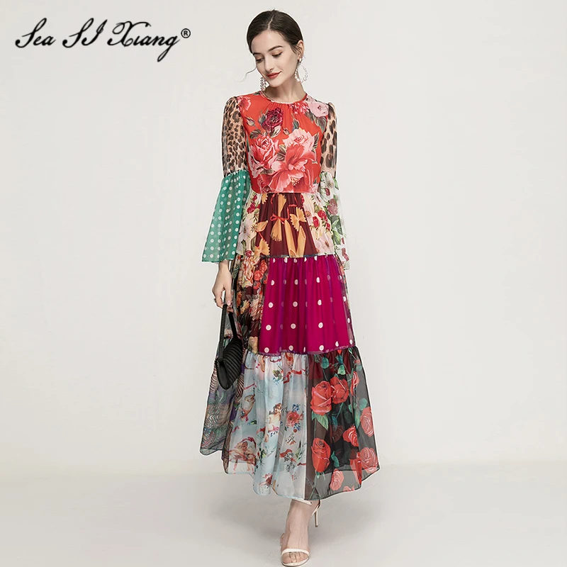 

Женское шифоновое платье в горошек Seasixiang, макси-платье для отпуска, с круглым вырезом, расклешенными рукавами, с цветочным принтом, на лето