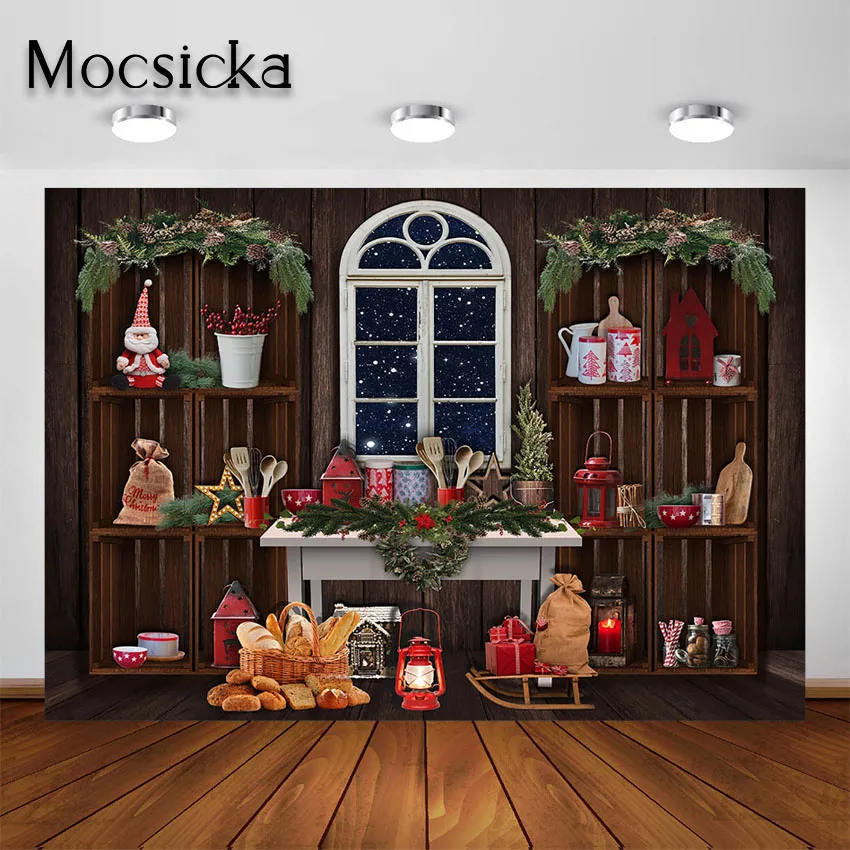 

Mocsicka Christmas Kitchen Backdrops for Photography Brown Wood Cupboard Background for Photo Studio Christmas Decorations