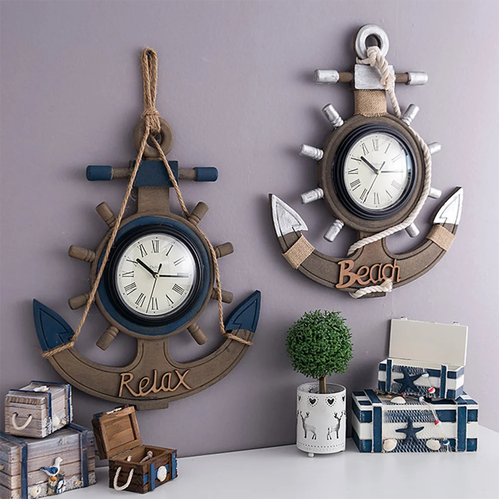 

Mediterranean Retro Anchor Clock Beach Sea Theme Nautical Ship Wheel Rudder Steering Wheel Decor Wall Hanging Decoration