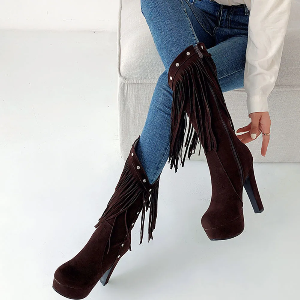 

Female Boots Flock Rubber Tessal Design Fashion Brand New Med Calf Boots Autumn Winter For Women 2021 Platform Chunky Heel Shoes