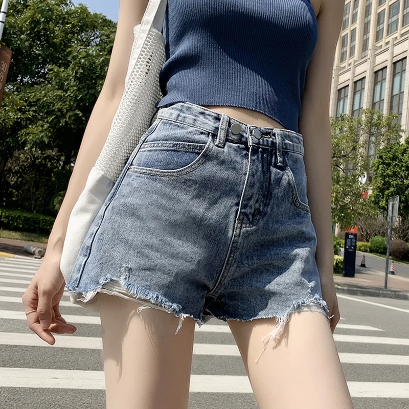 

Denim Shorts Women's Summer 2021 New High Waist Slimming Loose Raw Hem Ripped Internet Celebrity Summer A- line Hot Pants Ins