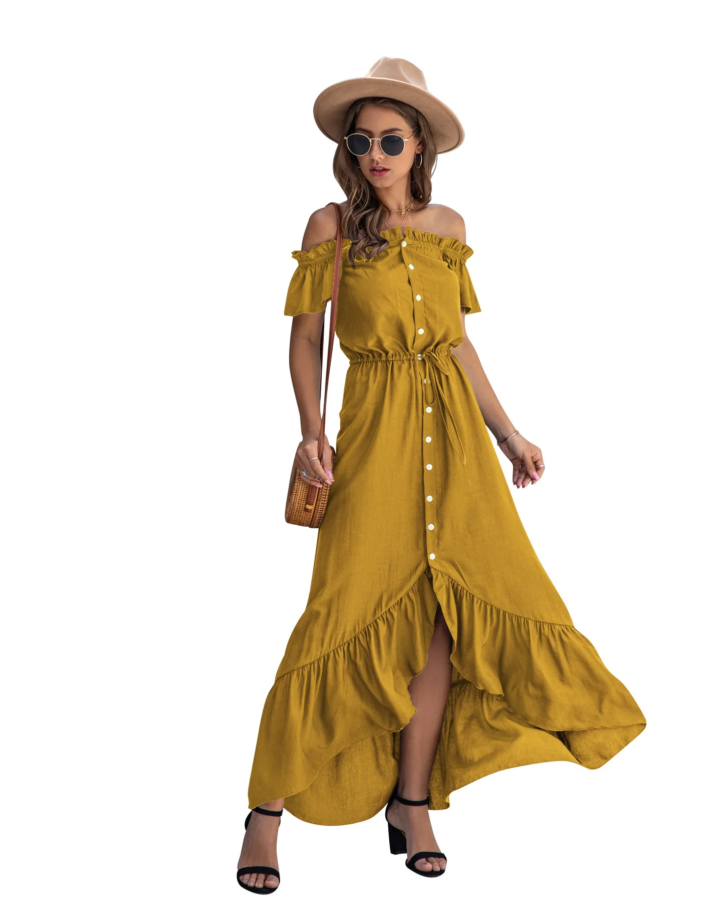 

Women's dress with one-piece collar and irregular Ruffle