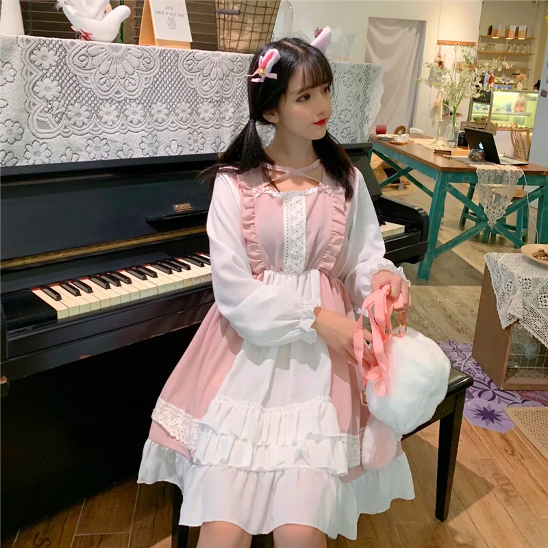 Kawaii/платье в японском стиле «Лолита»; мягкое милое Повседневное платье для девочек с короткими рукавами; студенческое летнее платье