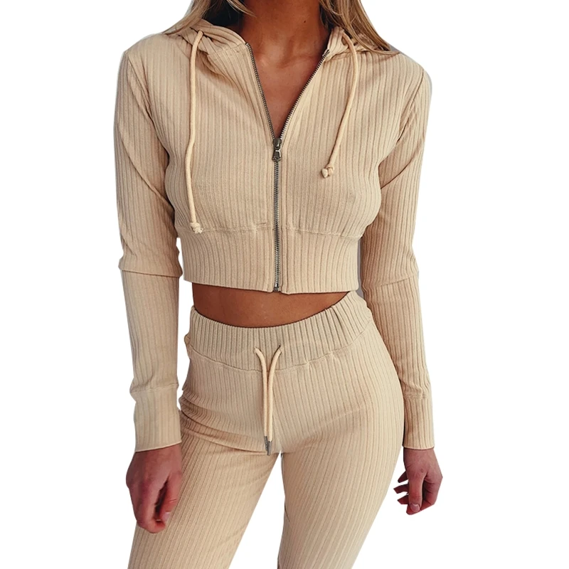 

2pcs Sports Suit Women Long Sleeve Drawstring Hooded Zipper Tops Slim Long Pants M7DD