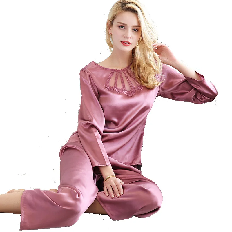 Women's Summer Silk Pajamas Two-Piece Long Sleeve Simplicity Lace 100% Pure Silk Tracksuit Split Suit