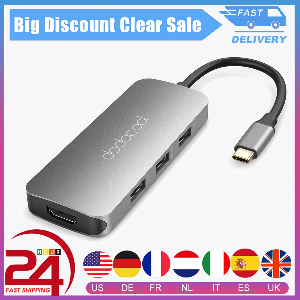

Dodocool 7 в 1 USB C USB-C концентратор с Тип C Мощность доставки 4 К видео HDMI USB концентратор для MacBook Pro samsung Galaxy S9 концентратор сплиттеры 3.0