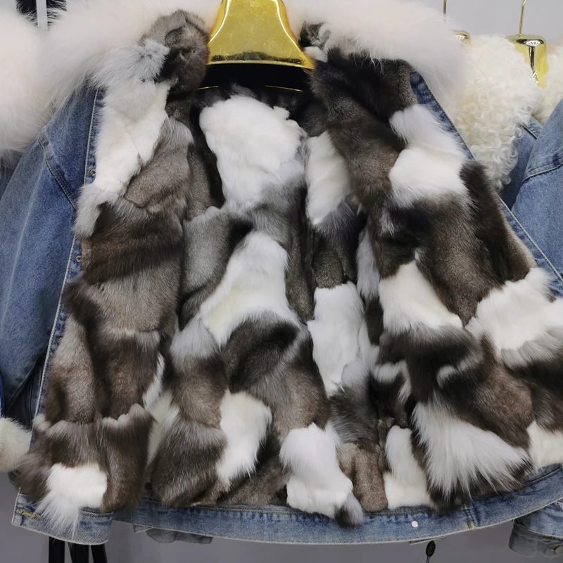 Denim Jacket Women Thicken Warm Winter Coats Cotton Padded Jackets Detachable Rabbit Fur fox Liner A lamb's  Jean Parka Coats