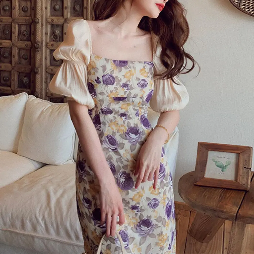 

Lady Maxi Dress Square Neck Puff Sleeve Polyester Floral Printed Streetwear for Daily Wear