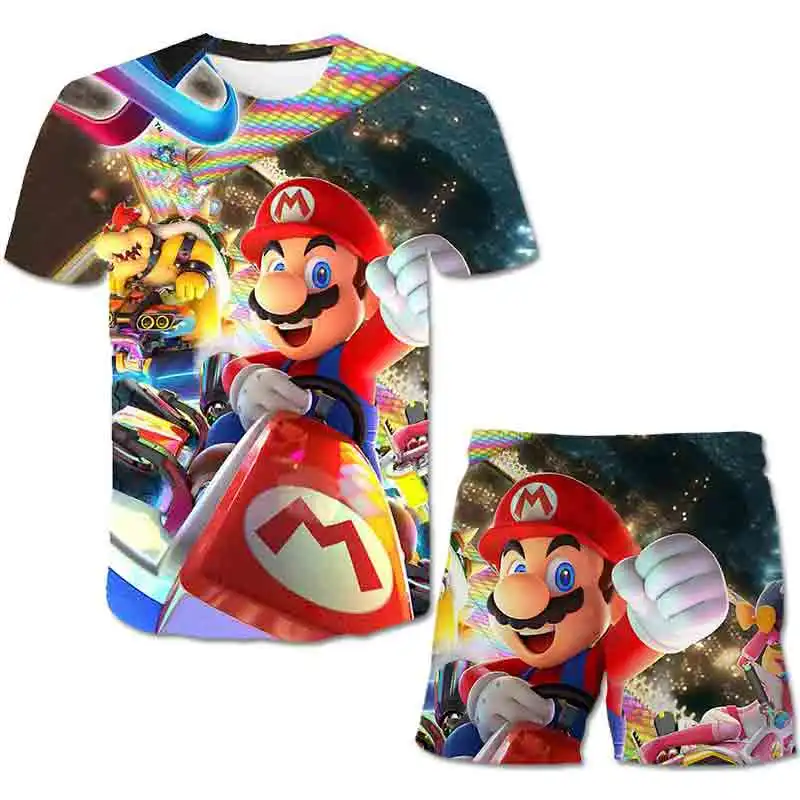 

4-14YSummer baby T-shirt set 3D popular game graphics Mario Bros boys' set girls' T-shirt and shorts, children's 2021 children's