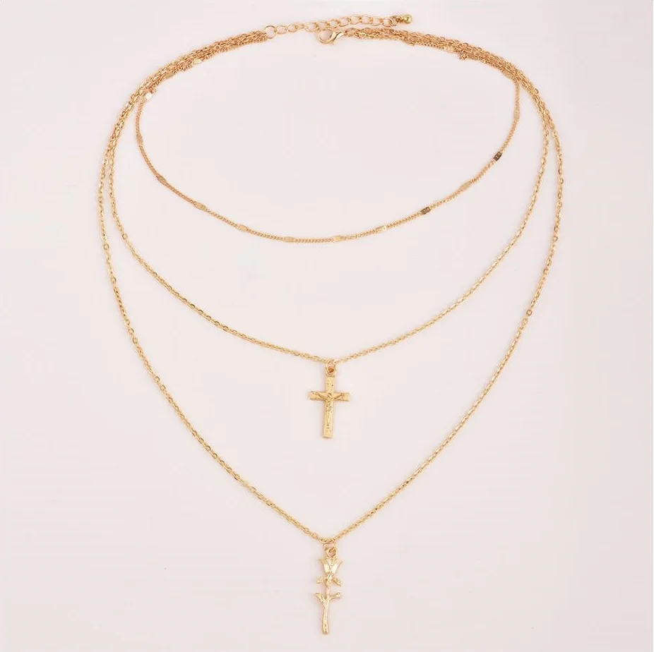 Модное ожерелье с подвеской в виде креста из сплава Иисуса Христа трехслойное