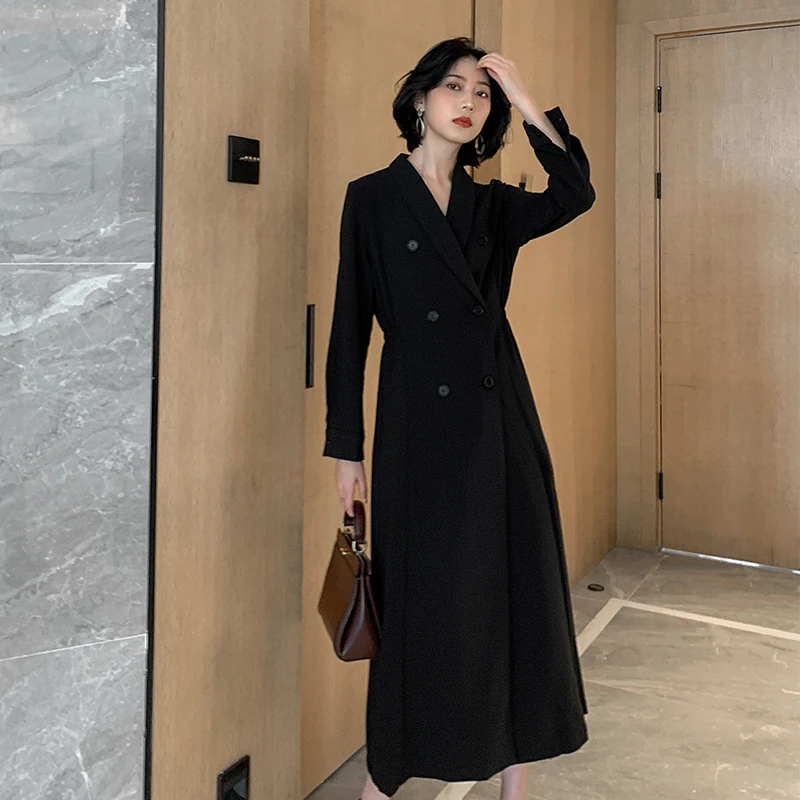 Flectit Women Suit Dress Double Breasted Notched Collar A-Line Long Black Business Chic Blazer Fall Winter Outfit * | Женская одежда