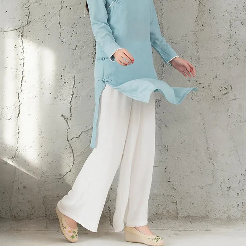 

2021 spring new cotton linen elastic waist wide leg pants women's pants loose solid color retro Linen Pants