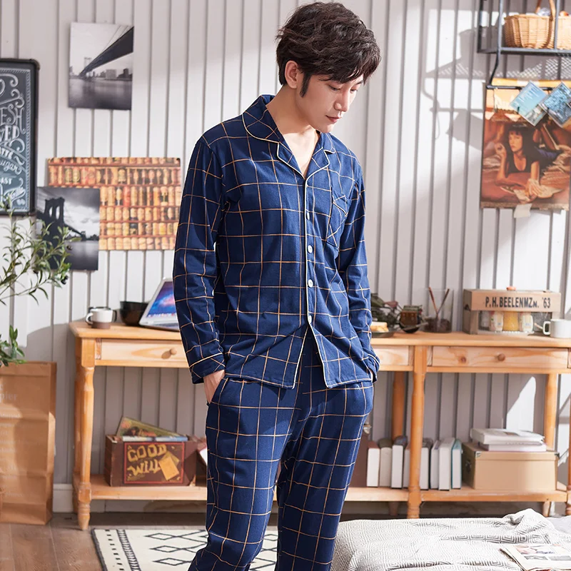 

Autumn Men's Striped Pajamas Set Knitted Cotton Pijamas Man Clothes Long Sleeve Turn-down Collar Plus Size L-4XL Male Sleepwear