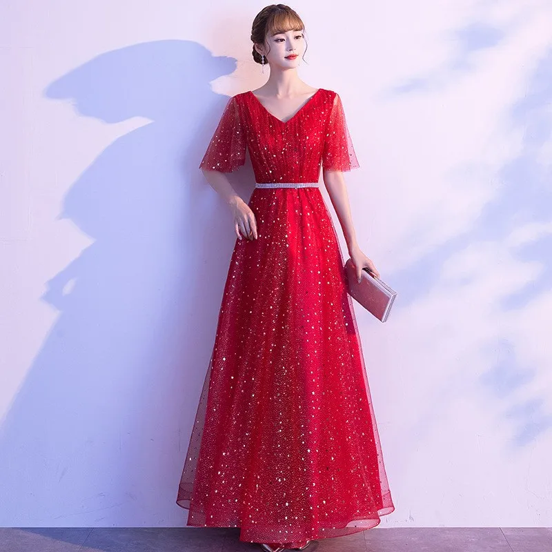 

Perspective Women Mesh Floor-Length Dresses Sexy V-Neck Sweet Flare Sleeve Evening Dress Bling Sequins Prom Skirt Wedding Gown