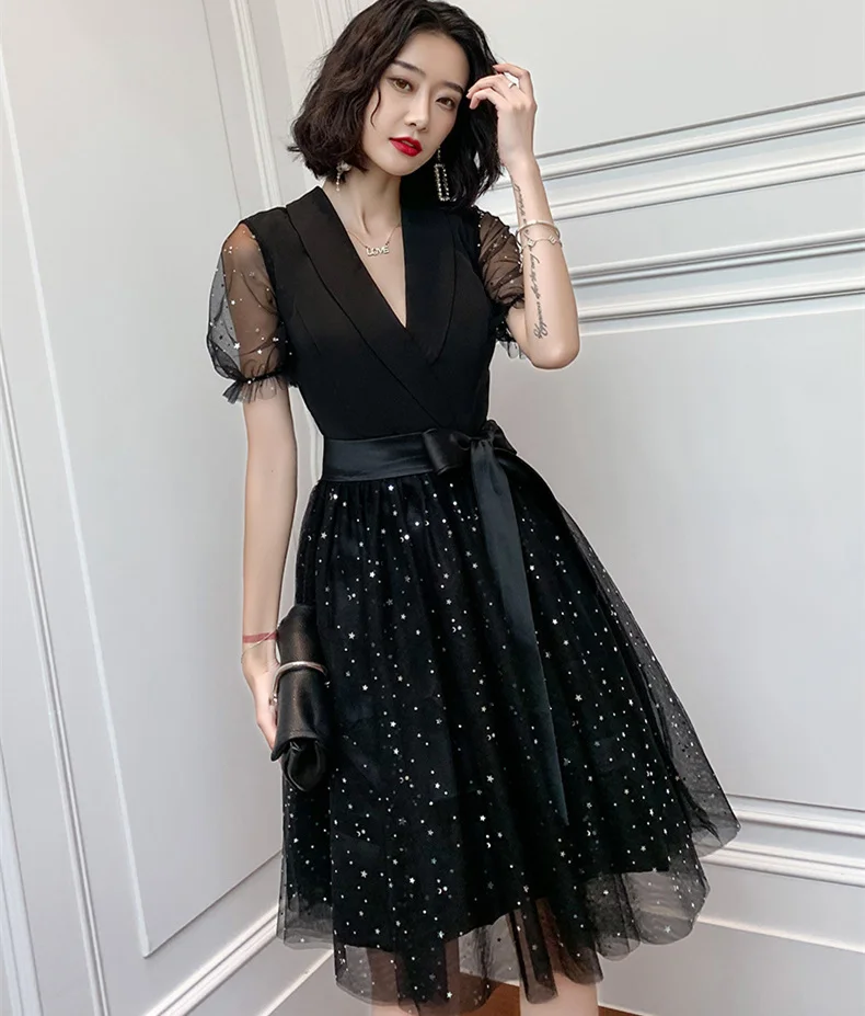 

Black Womans V-Neck Slim Party Dress Chinese Style Short Evening Cheongsam Mini Dress Gown Wedding Qipao Lady Clothes Vestido