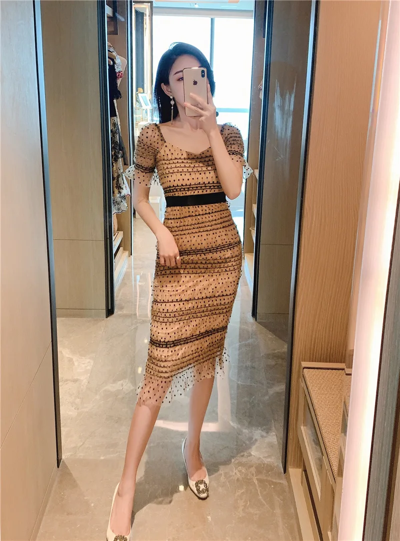 

Summer Dress Women Polka Dot Short Sleeve Sundress Lace Patchwork Retro Swing Rockabilly Elegant Vintage Party Dresses 58-5