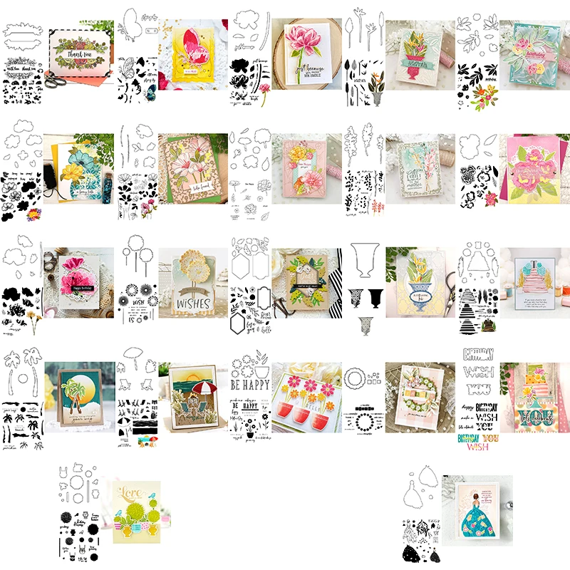 

Floral Petals Dandelion Coconut Tree cutting dies with coordinating stamps Vase Beach Chair Celebrated Words Lace Dress 2021 DIY