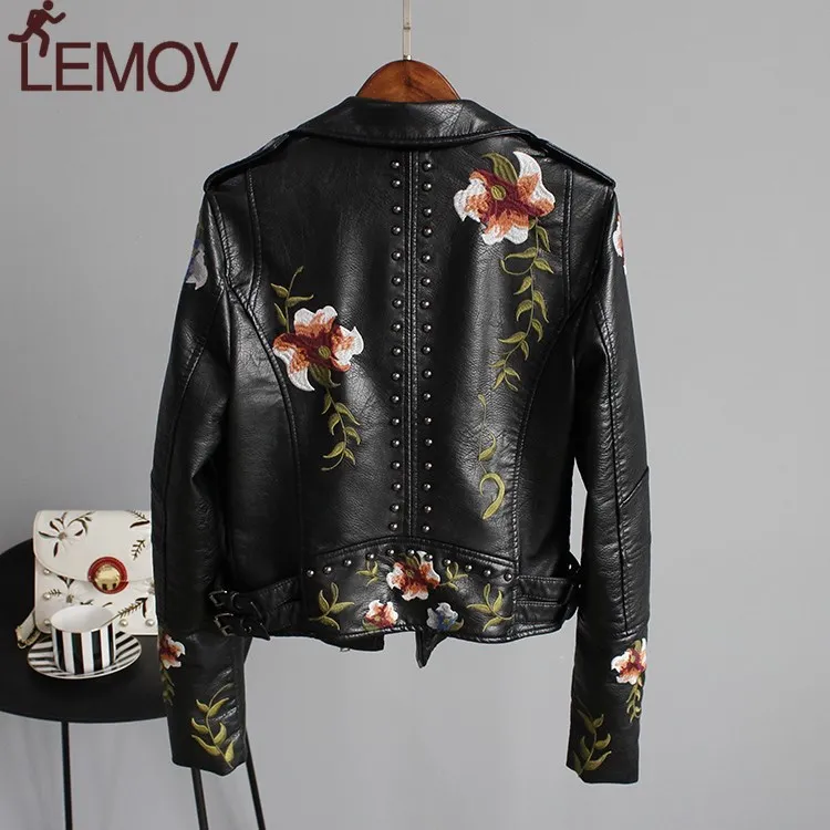 Женский цветочный узор вышивка куртка из искусственной мягкой кожи пальто с