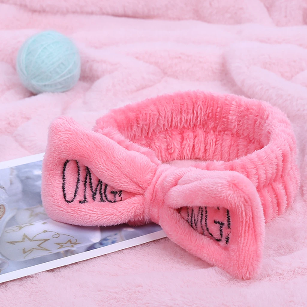

Women Girls SPA Wide Headband Cute Bowknot OMG Letters Embroidered Hairband Elastic Makeup Flannel Turban Candy 8 Color Headwrap