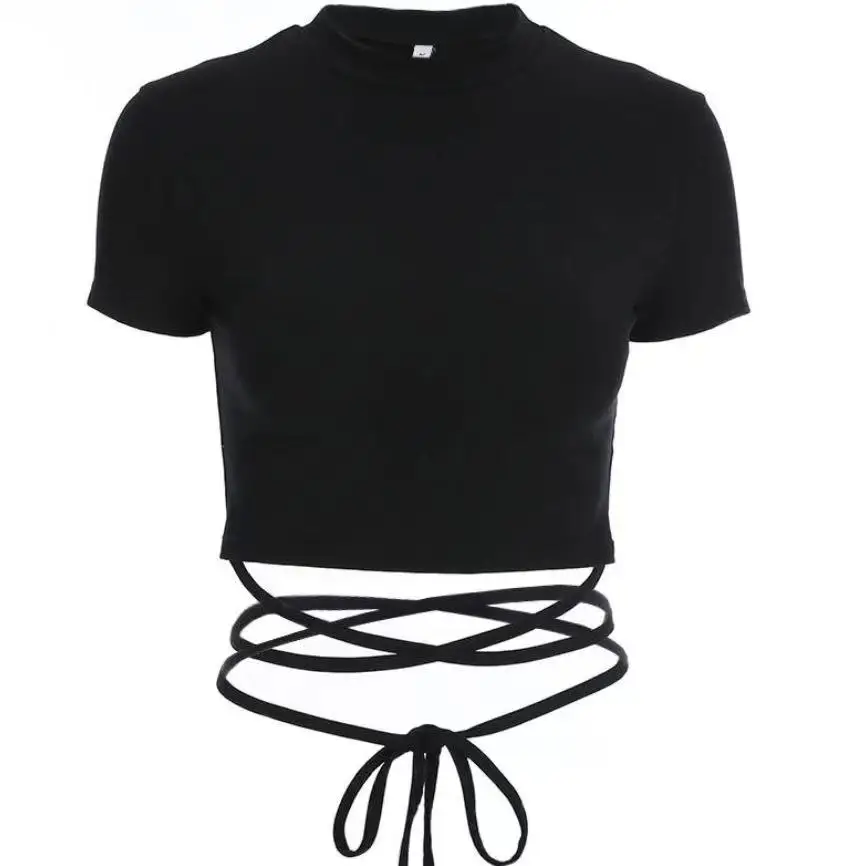 

2021 Summer Women Black Short T-Shirts Sexy Crop Tops Short Sleeve Bandage Tee Tops Female Shirts