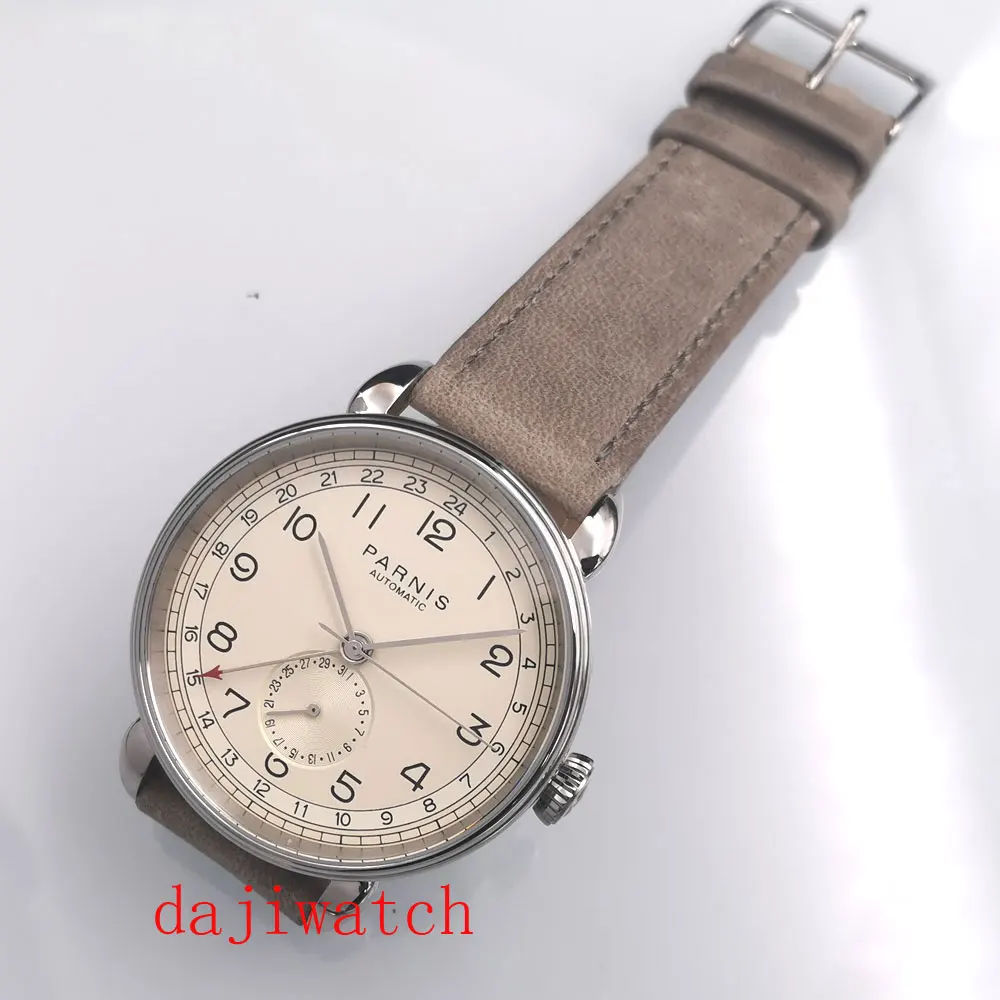 Мужские автоматические механические часы Parnis 42 мм GMT с серебристым ремешком
