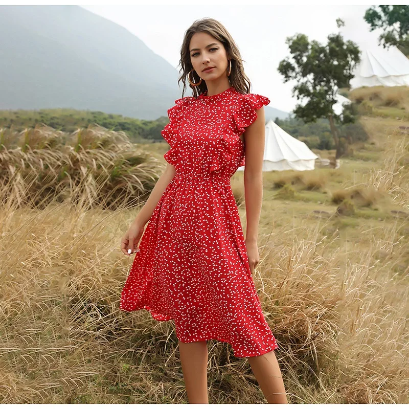 

Dress Women Elegant Summer Floral Print Ruffle A-line Sundress Casual Fitted Clothes To Knees 2023 Red Dresses For Women