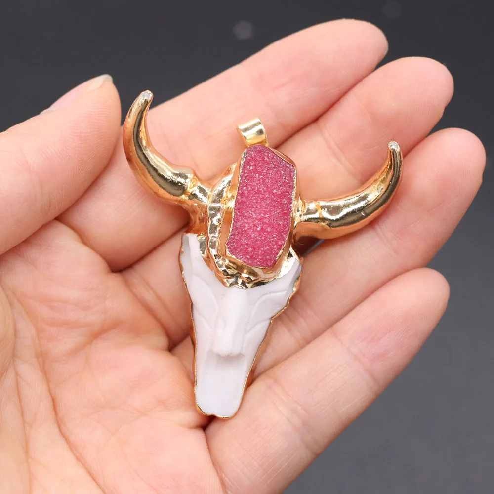 

Fine Beef Bone Pendant Bull head Shape Crystal bud Making for Women Jewelry DIY Necklace Accessories Healing Gift 46x46mm