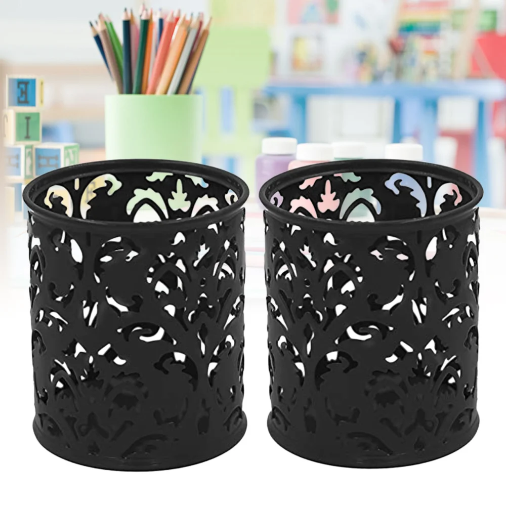 

2pcs Metal Pen Pot Hollow Pencil Holder Container Organizer (Black)