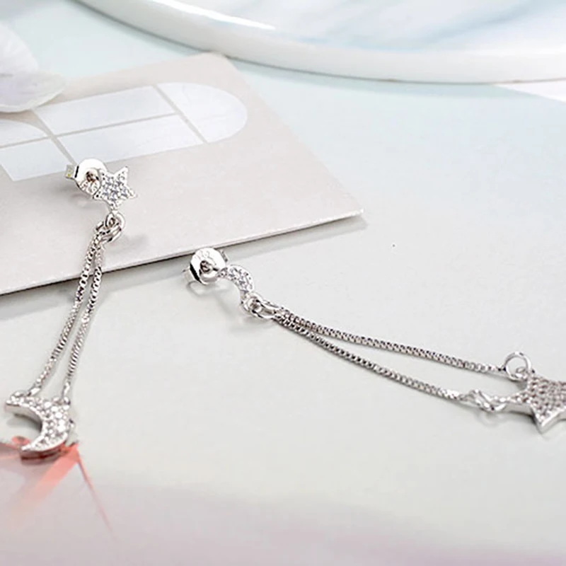 XIYANIKE 925 Sterling Silver Simple Moon Star Long Tassel Earrings for Women Charming Geometric Party Jewelry Prevent Allergy | Украшения и