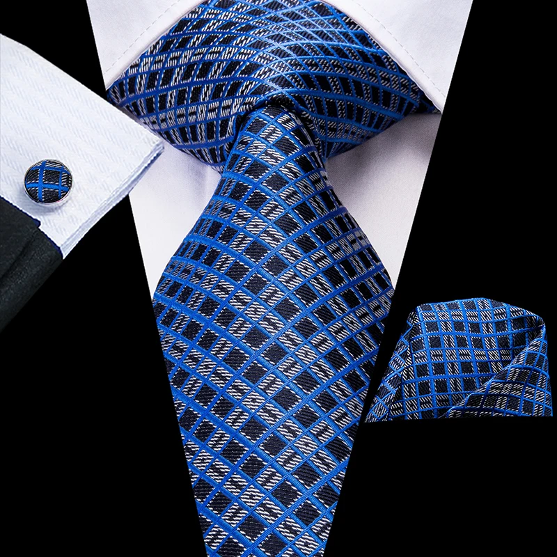 Men Blue Ties Plaid Silk Woven Necktie Checked Neck Tie Hanky Cufflinks Set Ties Gift for Wedding Party Business Hi-Tie C-3525 - Color: C-3531