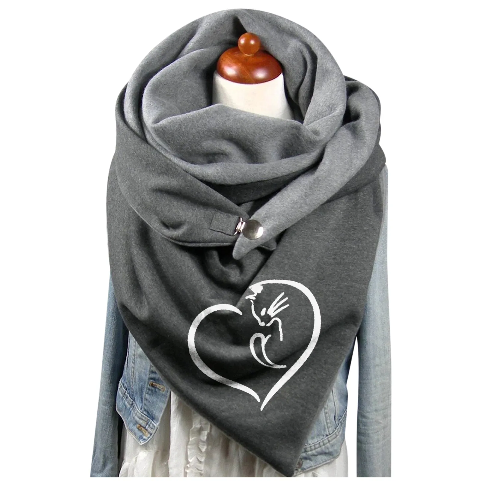 

Женский шарф в стиле Харадзюку, зимние мягкие шарфы на пуговицах с принтом в виде животных и сердец, женские повседневные теплые многофункц...