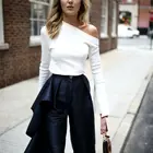 Meihuida Модная белая блузка с открытыми плечами Женская Осенняя блузка с длинным рукавом и вырезом лодочкой Повседневный вязаный пуловер женские топы