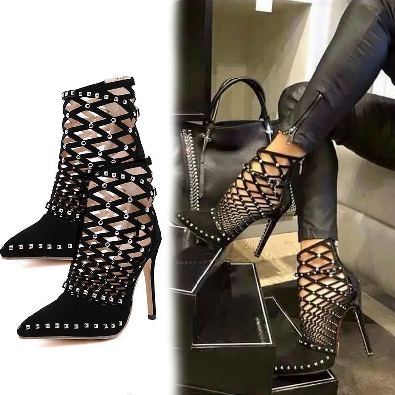

Women High Heels Shoes Hollow Out Rivet Pointy Toe Breathable Sandals for Summer B2Cshop