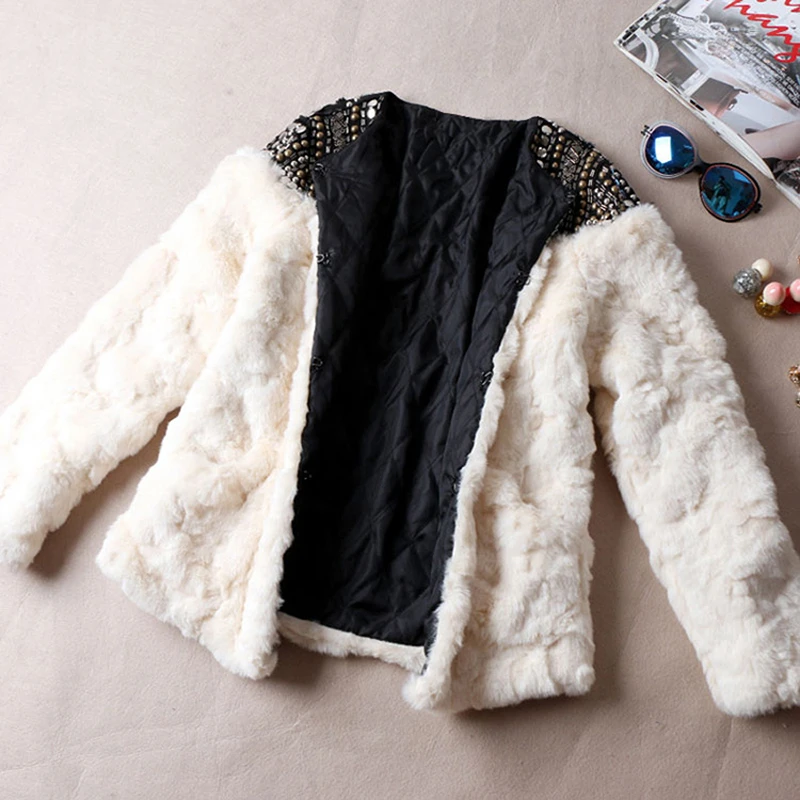 ZURICHOUSE Rabbit Fur Jacket Women Winter Fleece Coat 2021 Streetwear Fashion Rivet Beading Design Cotton-padded | Женская одежда