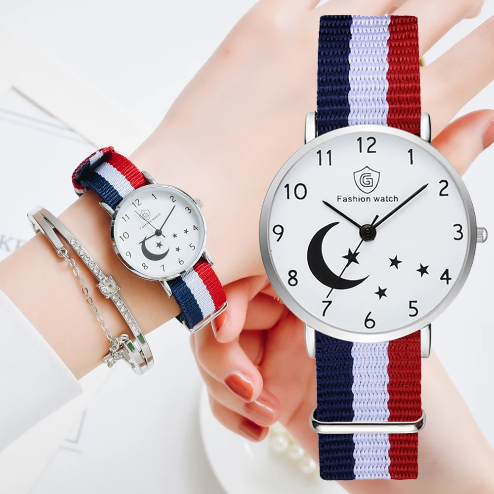 

Fashion Watch For Women Bracelet Set Casual Canvas Strap Ladies Watches Moon Stars Pattern Quartz Wristwatches Female Gift Clock