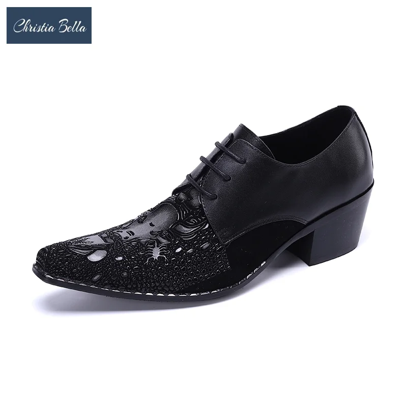 

Christia Bella Italian Men Genuine Leather Brogue Shoes Mid Heel Business Oxford Shoes Party Lace Up Formal Dress Shoes Big Size
