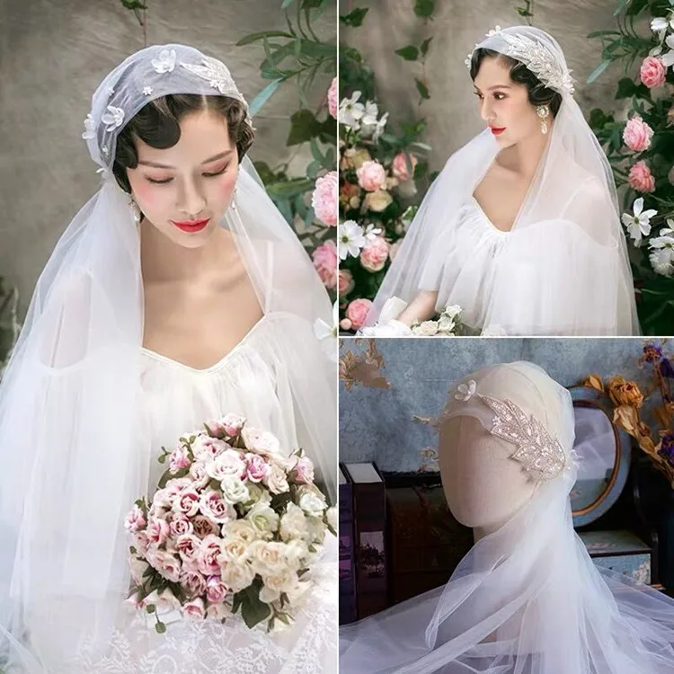 Super fairy sweet handmade sequin veil wedding styling three-dimensional flower beautiful photo accessories |
