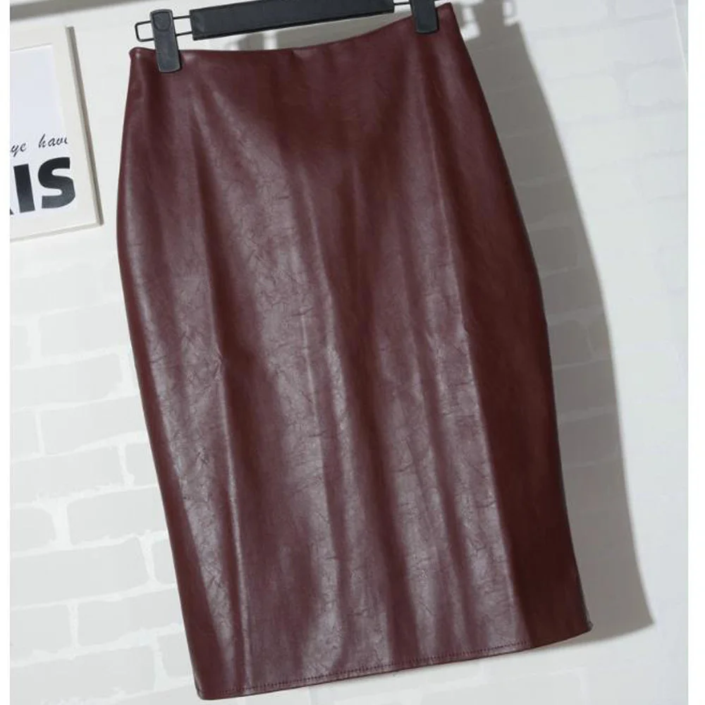 Осенне зимние женские Облегающие юбки средней длины из искусственной кожи с