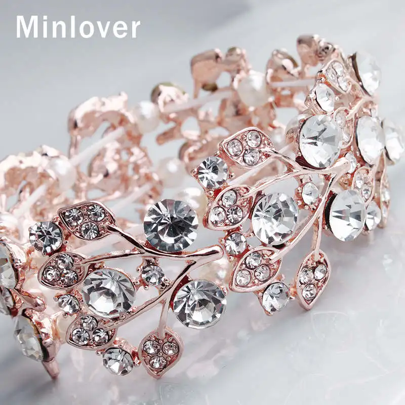 Minlover розовое золото цвет листья горный хрусталь невесты браслеты для женщин очаровательные свадебные браслеты модные новые ювелирные изделия MSL108
