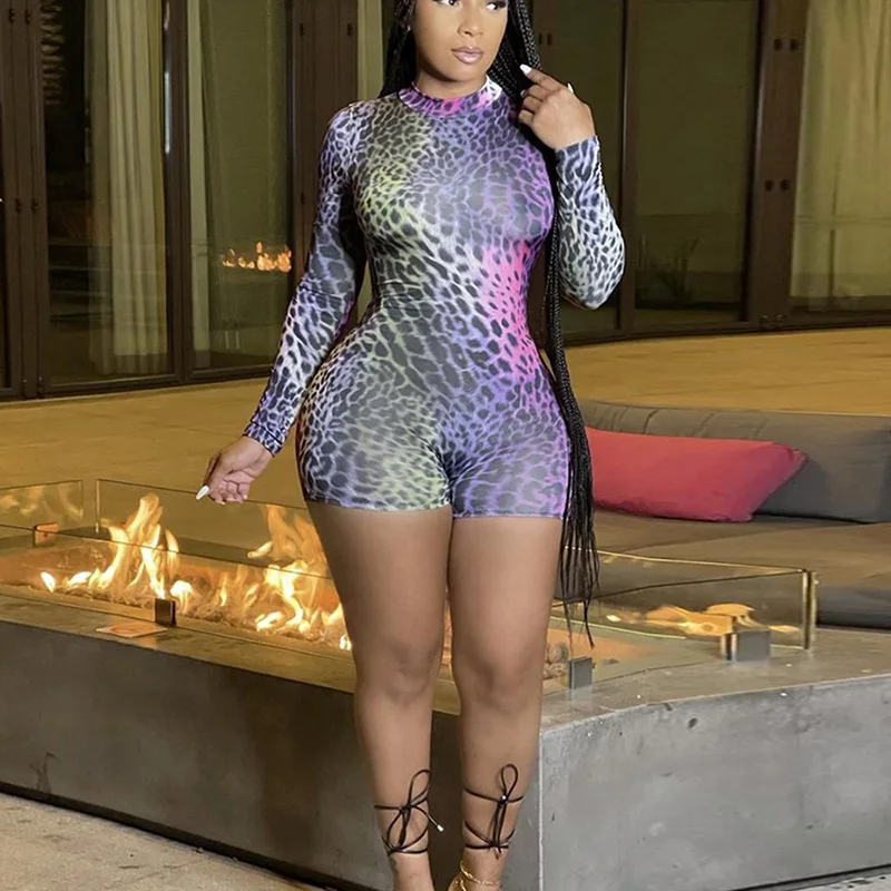 

Autumn Women Playsuits Leopard Printed Rompers Zipper Closure Overalls Shorts Long Sleeve Playsuit Yoga Sportswear Female Ladies