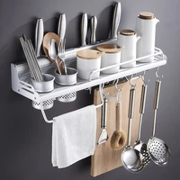 stainless aluminum wall mount kitchen storage rack hanging cutlery knife holder hooks organizer seasoning containers shelf tools
