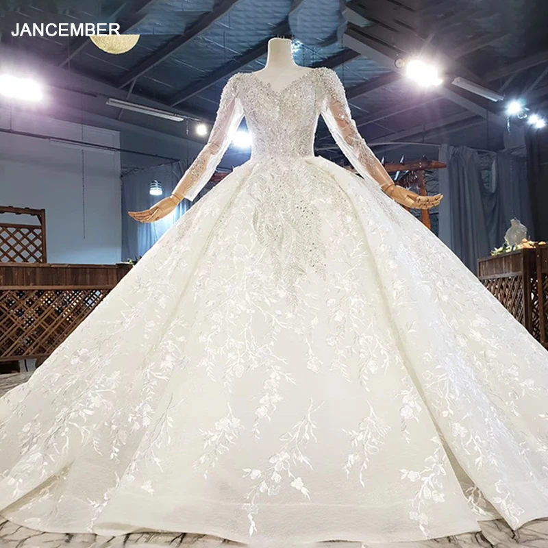 

HTL1978 Elegant Extravagant Sequin Crystal Pearls Wedding Dress 2020 Deep V-Neck Long Sleeve Lace Up Back