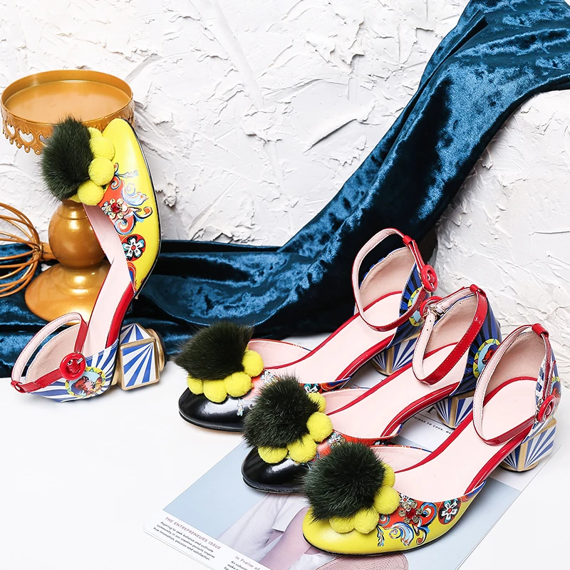 Koovan Women Sandals 2020 New Retro National Style Women's Shoes 3D Color Printing Pompom High Heeled Bridal Wedding | Обувь