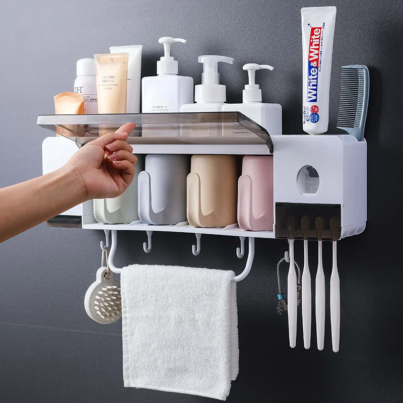 Automatic Toothpaste Squeezer Wall Mount Toothbrush Holder Multi-Functional Toothbrush Organizer Towel Bar No Drill Need